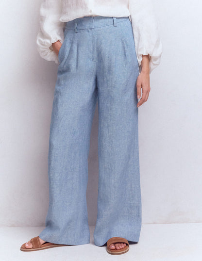 Pantalon Kensington en lin-Chambray Bleu-4
