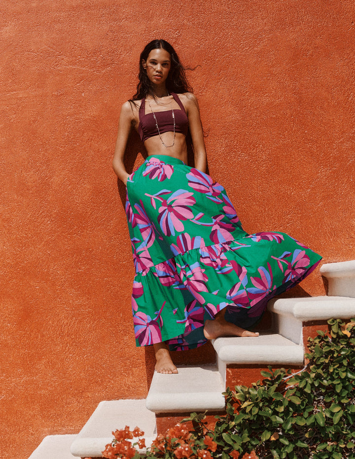 Abigail Popeline-Maxirock-Grün, Gänseblümchen-Kaskade