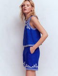 Short Belgravia en lin-Broderie bleu vif