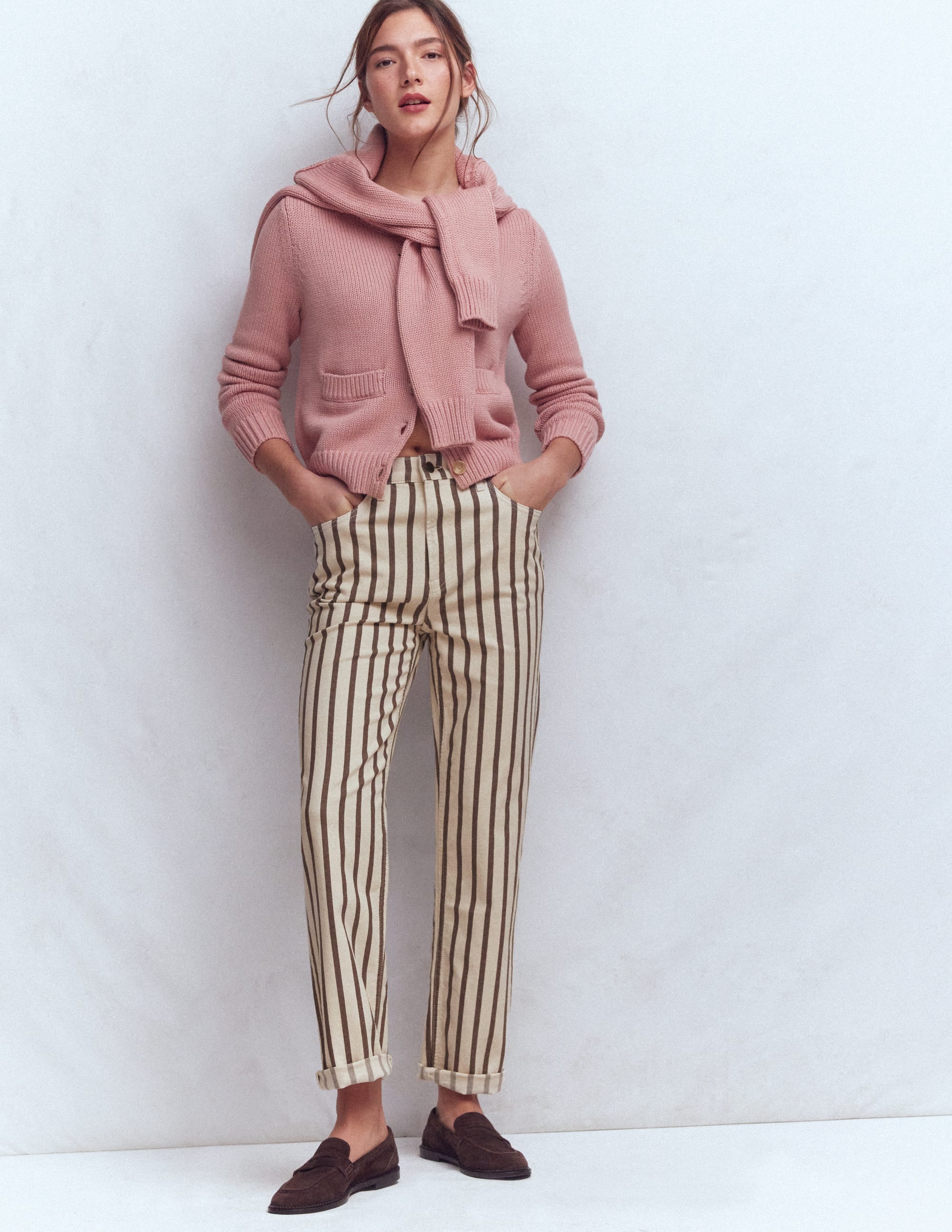High Rise Straight Jeans-Brown Ecru Stripe - Image 1