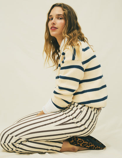 Jean droit à taille haute-Rayé écru marron-6