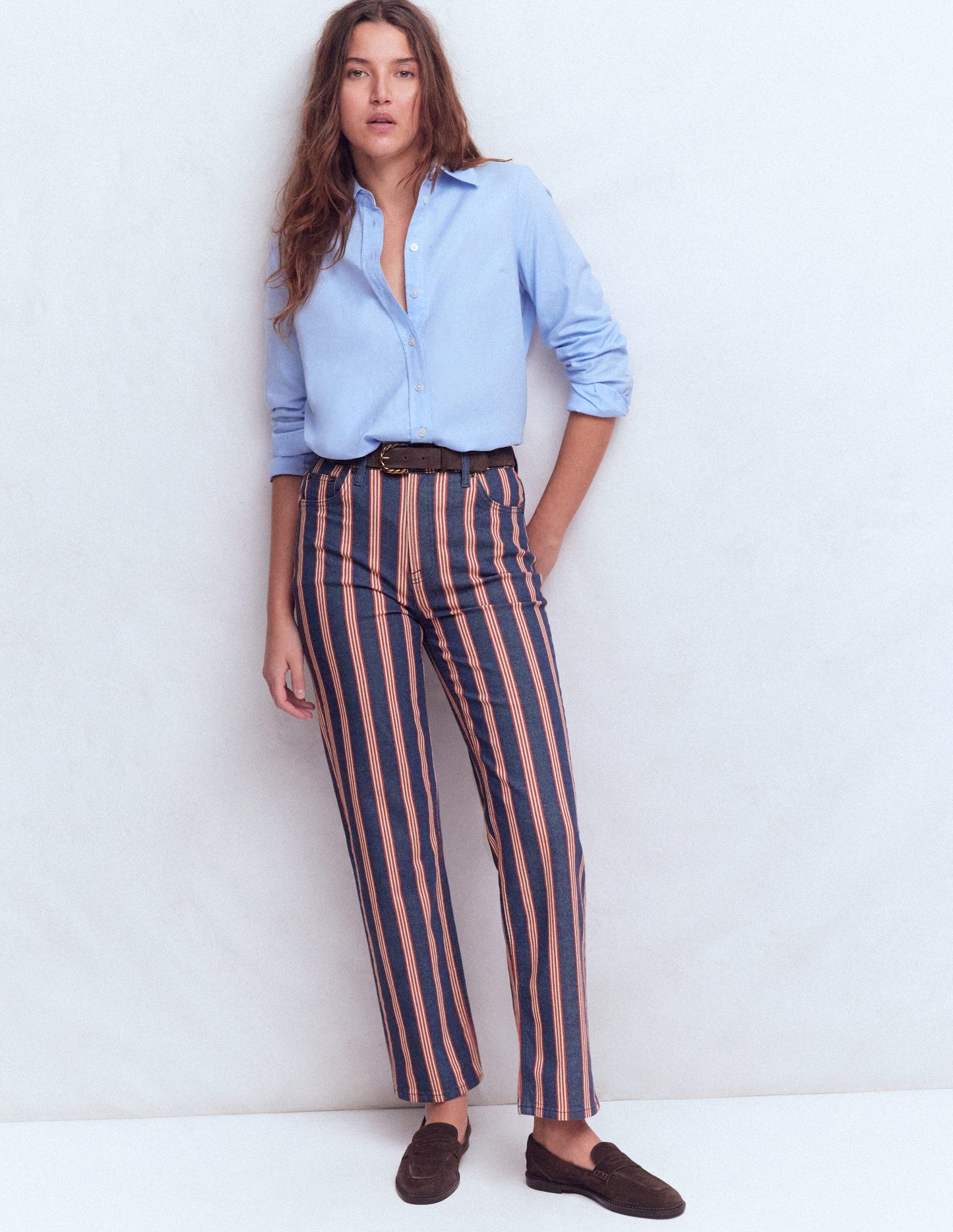 Jean droit à taille haute-Rayé bleu marine & rouge