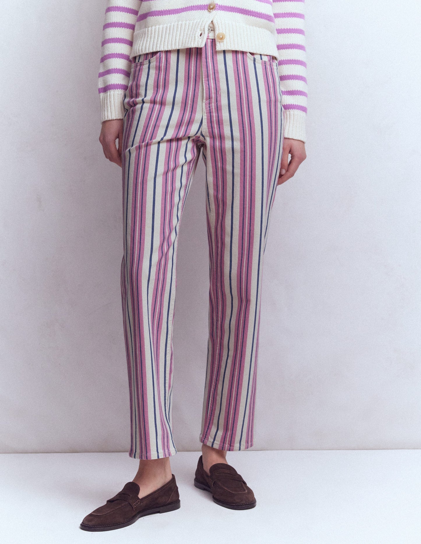 High Rise Straight Jeans-Pink, Blue & Ivory Stripe