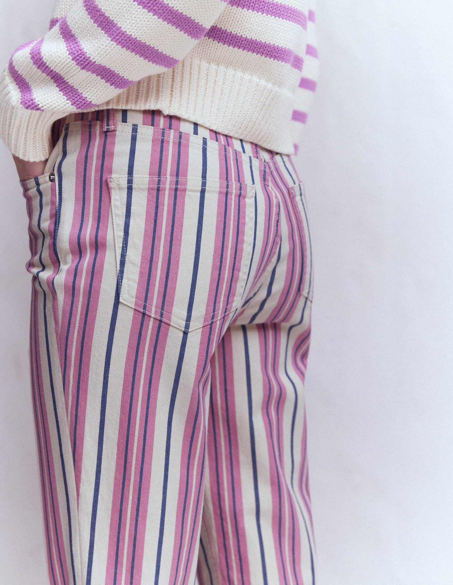 High Rise Straight Jeans-Pink, Blue & Ivory Stripe