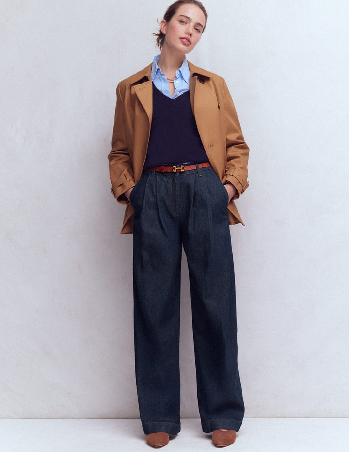 Jeans mit weitem Bein und Faltendetail-Indigo Waschung