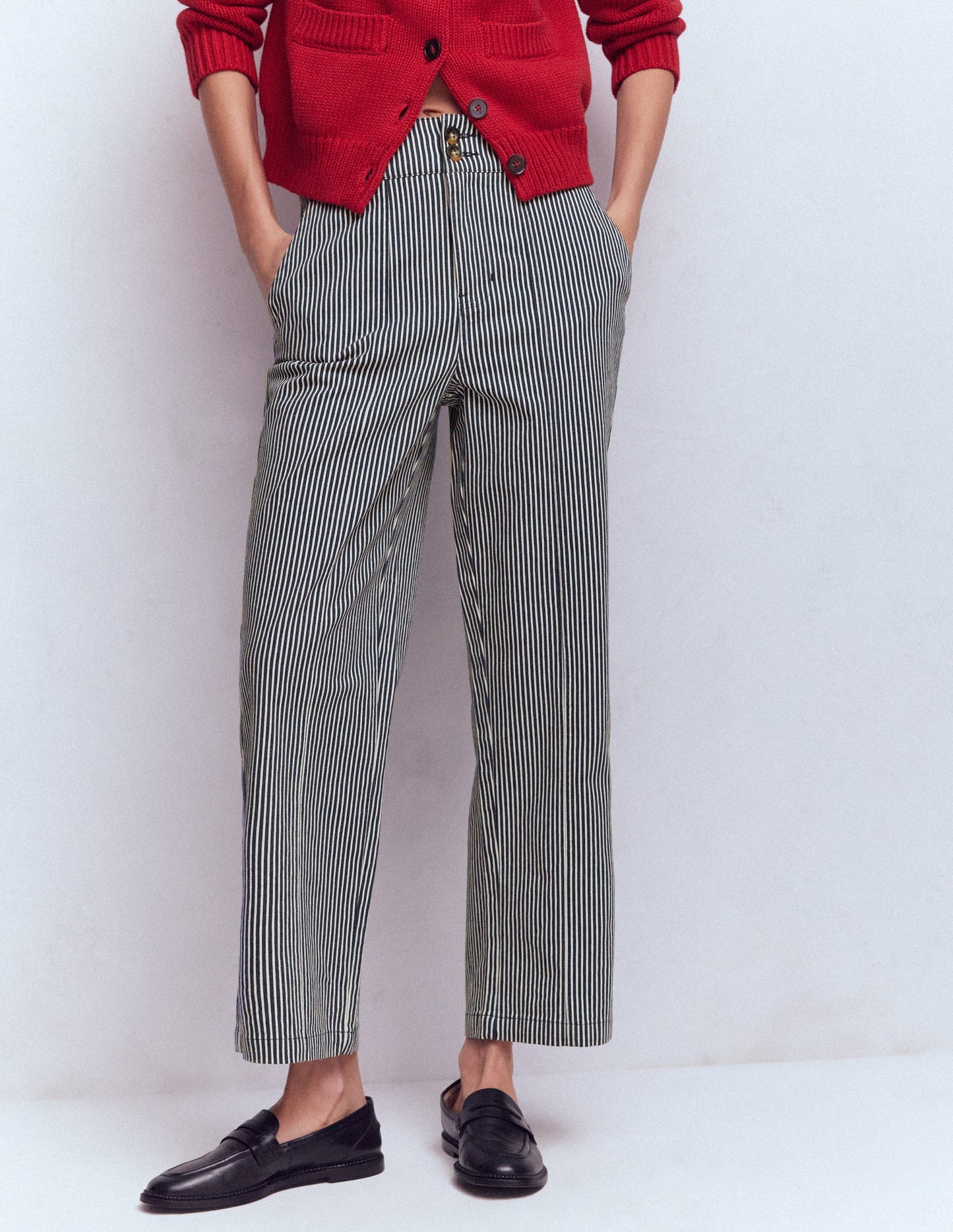 Chinohose mit geradem Bein-Blau und Naturweiß Gestreift