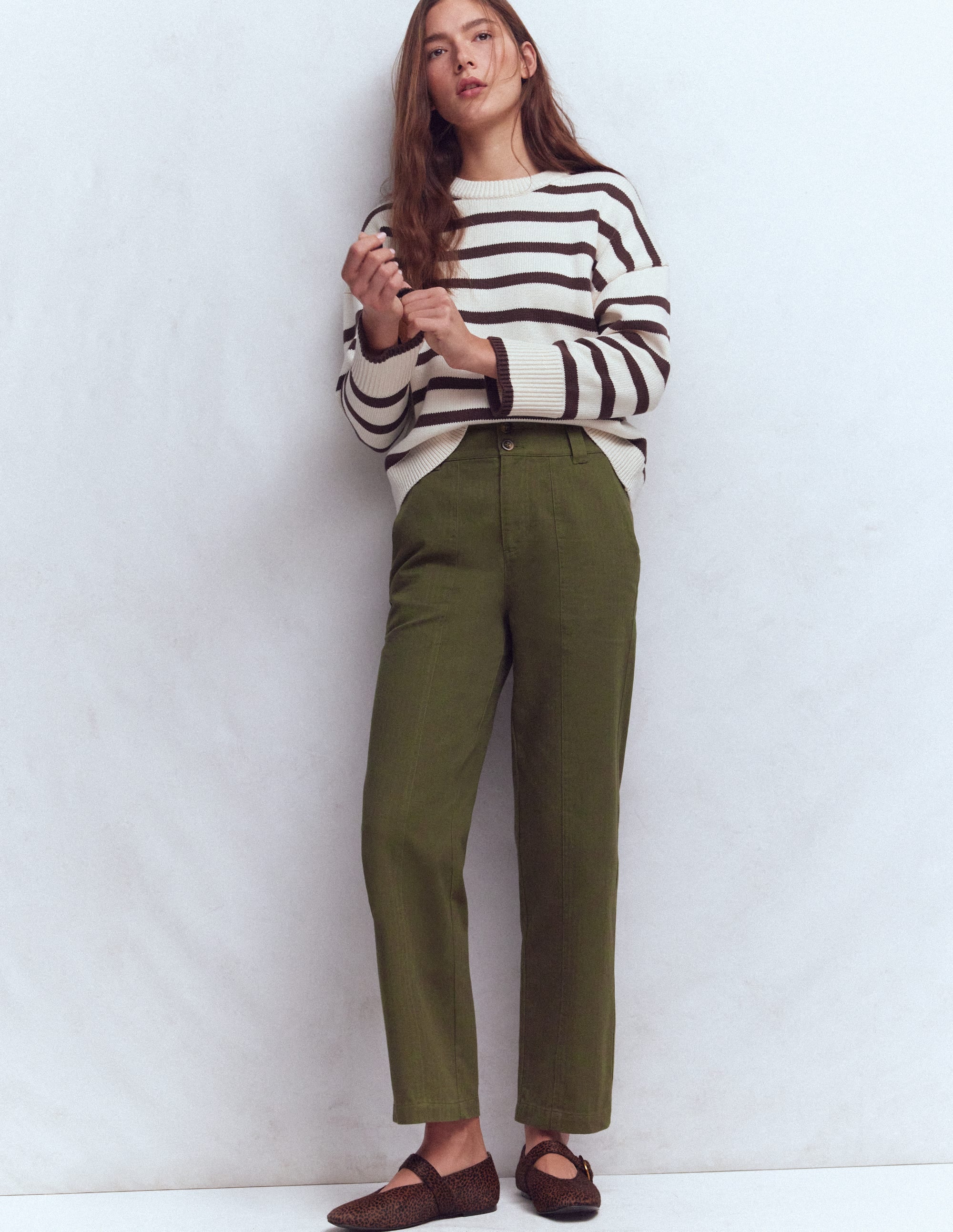 Straight Leg Chino Trousers-Woodland Green Herringbone - Image 1