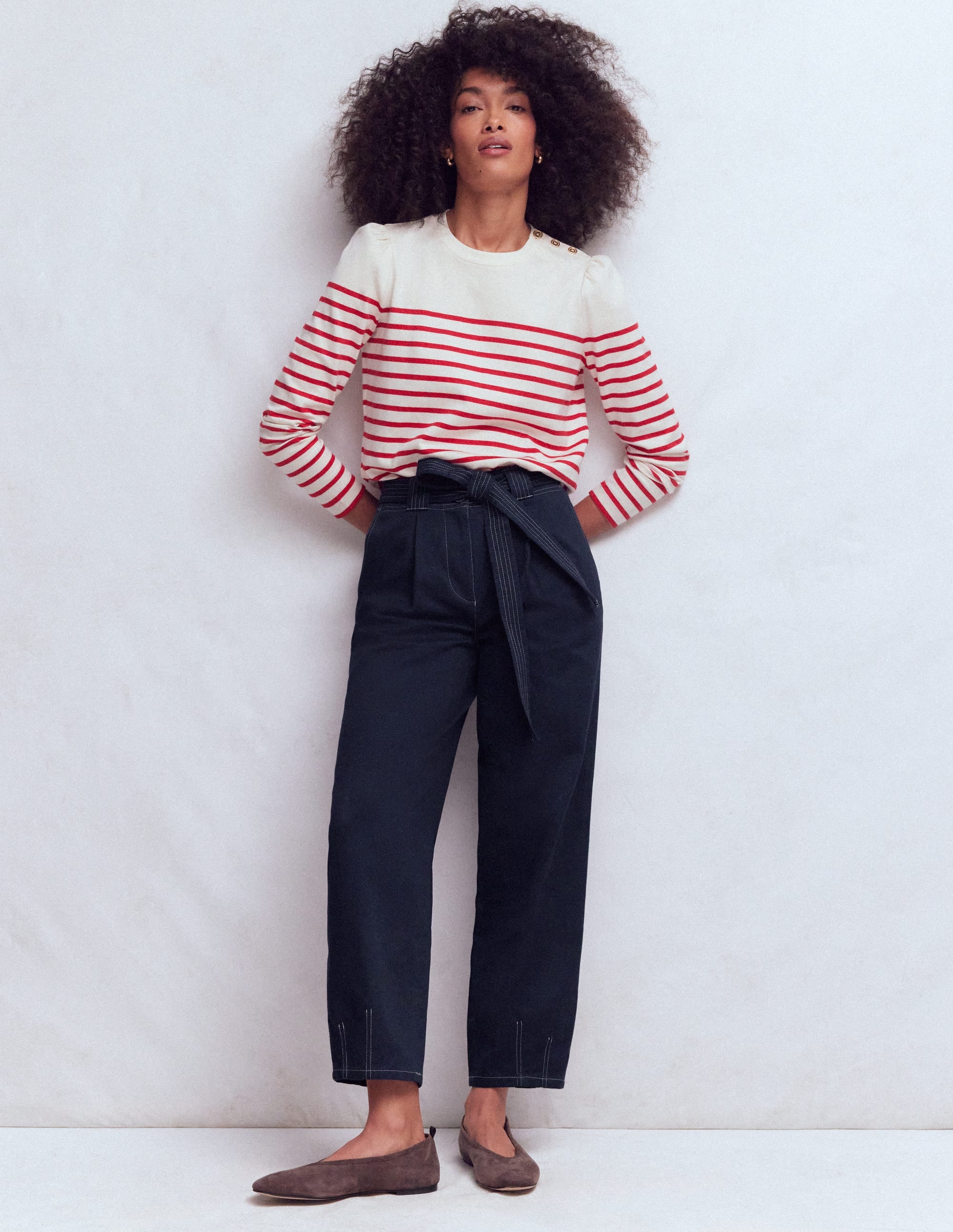 Belted Barrel Leg Trousers-Navy - Image 1