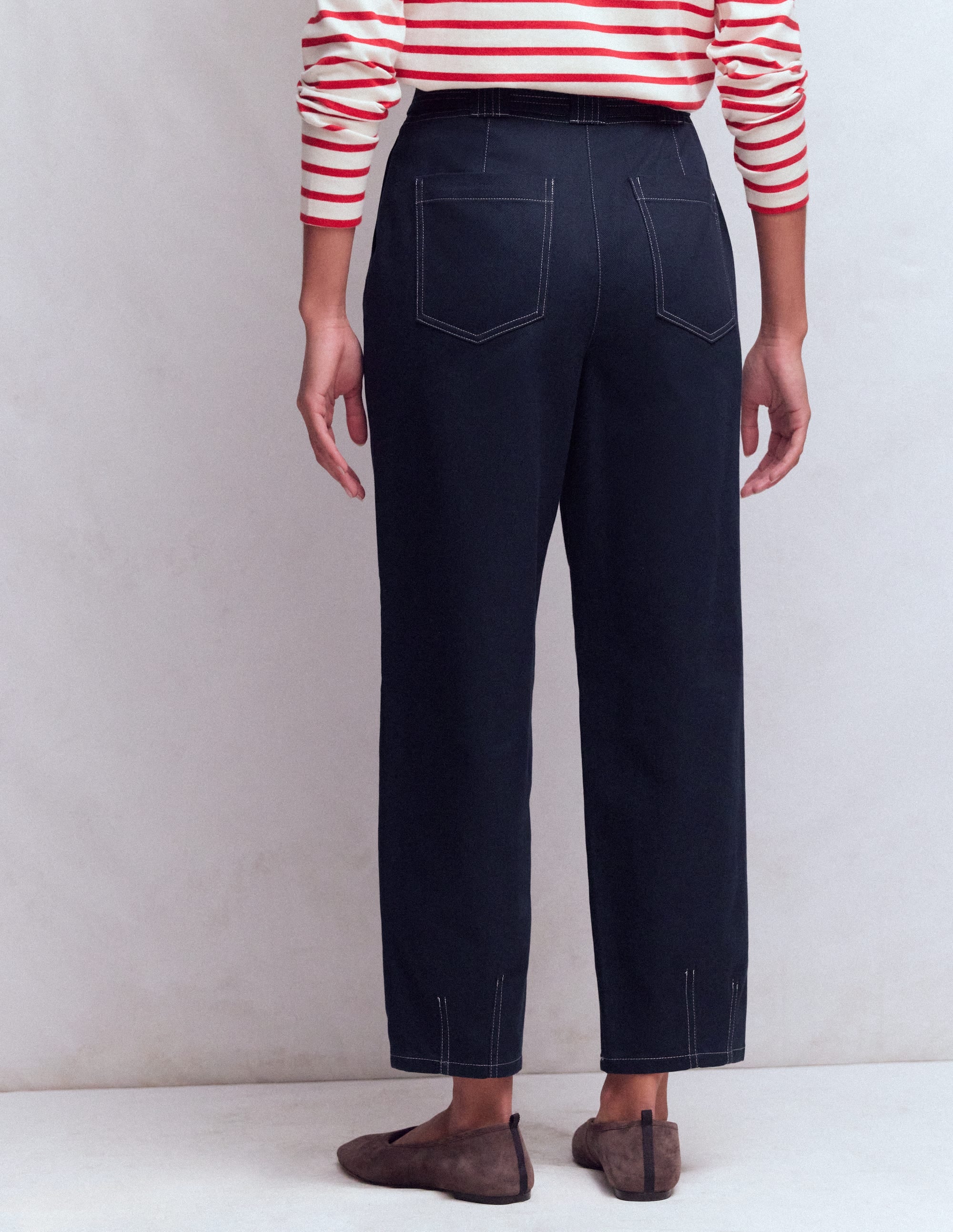 Belted Barrel Leg Trousers-Navy - Image 3