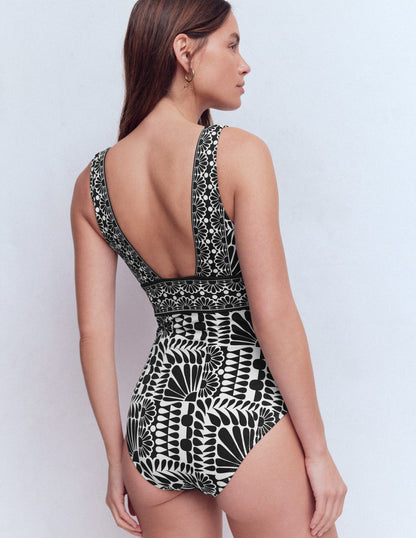 Porto Badeanzug mit V-Ausschnitt-Schwarz, Geo-Stempel-3