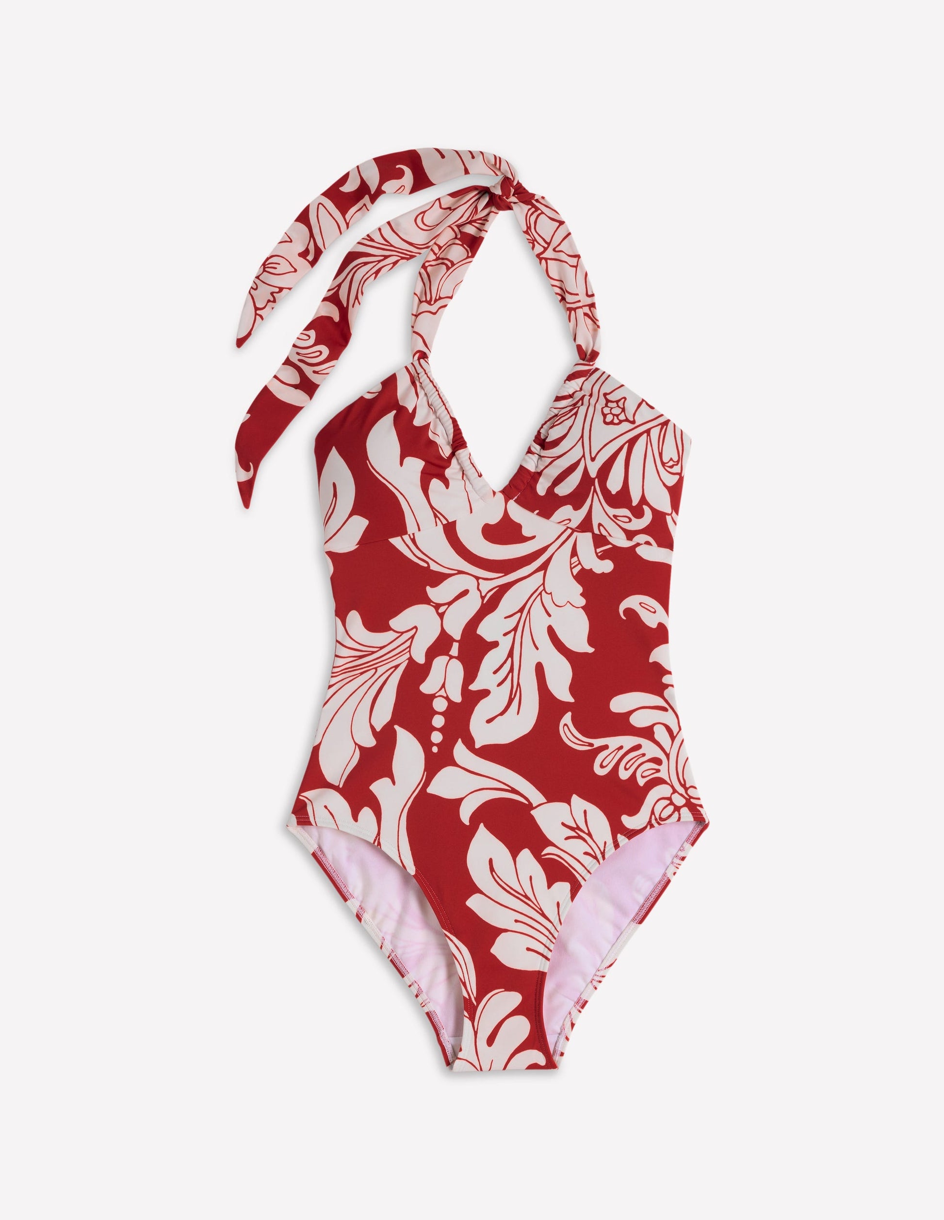 Minori Neckholder-Badeanzug zum Binden-Salsa-Rot, Botanisches Muster-6