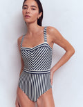 Maillot de bain épuré à encolure en cœur-Bleu Marine/Ivoire