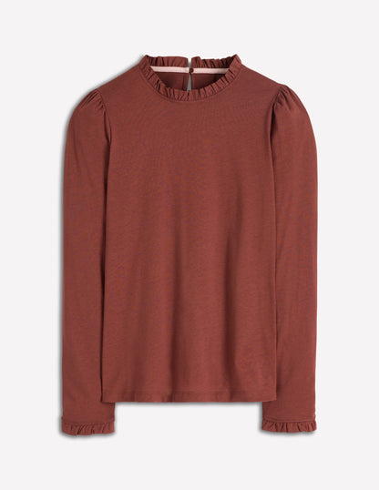 Superweiches Oberteil mit Rüschendetail-Heiße Schokolade-4