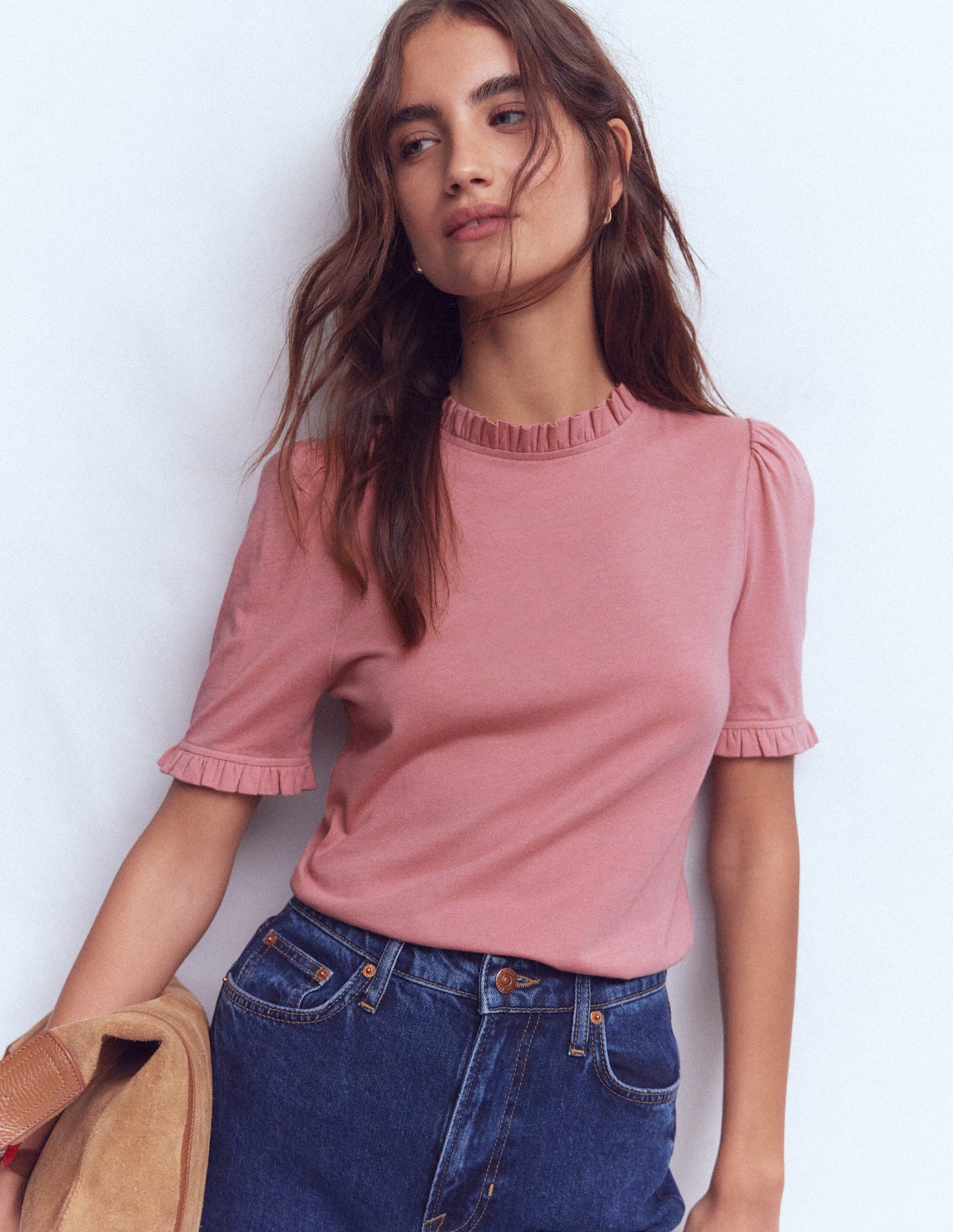 Superweiches T-Shirt mit Rüschendetail-Vintagerosa