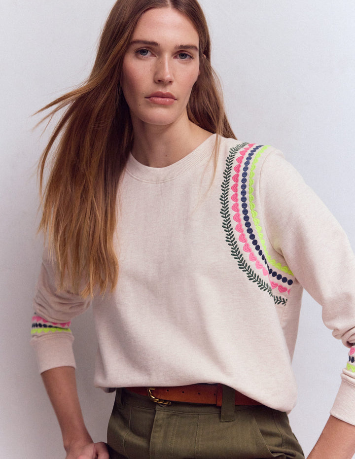 Hannah Sweatshirt mit Stickerei-Haferbeige Meliert Stickerei