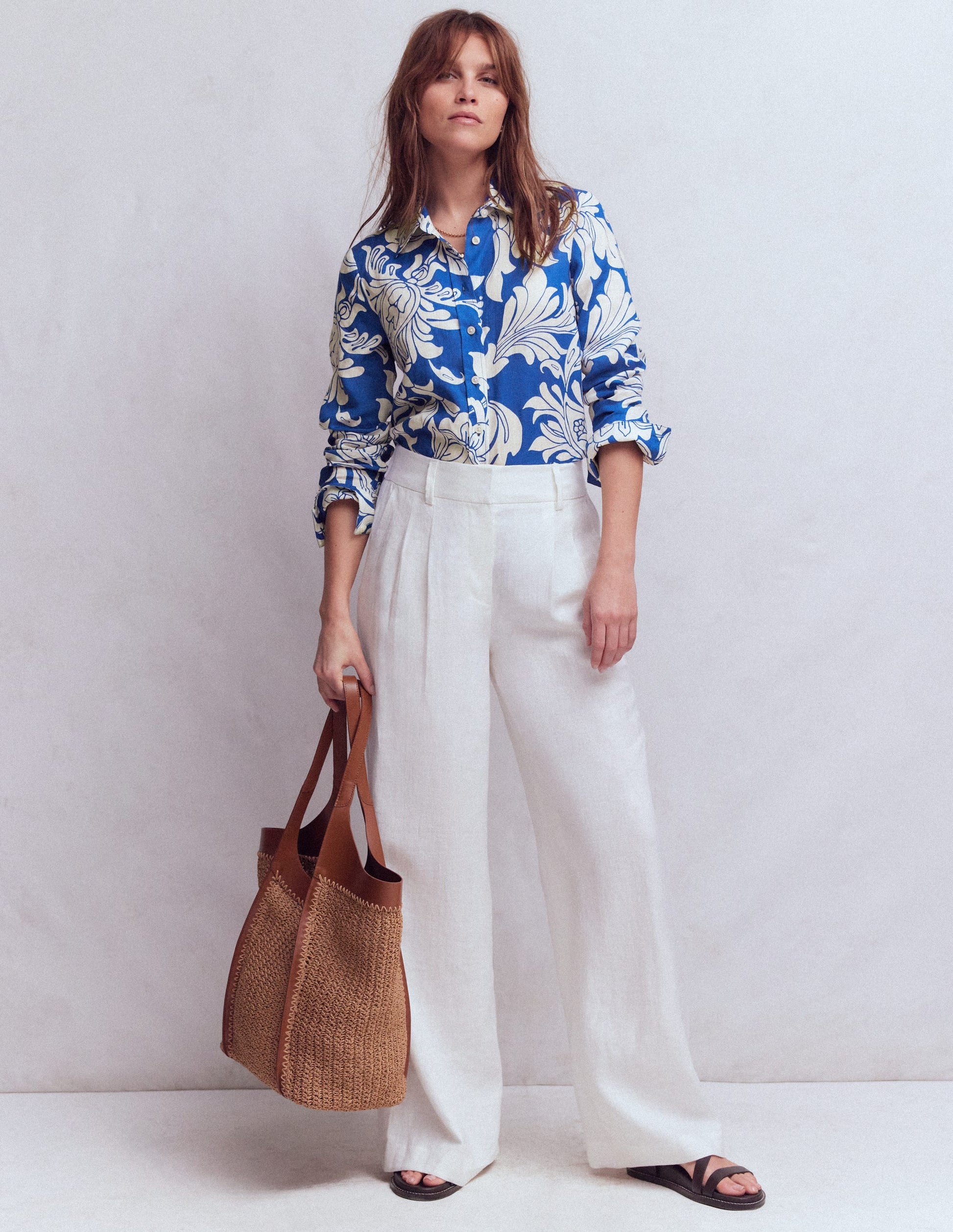 Sienna Leinenhemd-Blau, Botanisches Muster-1