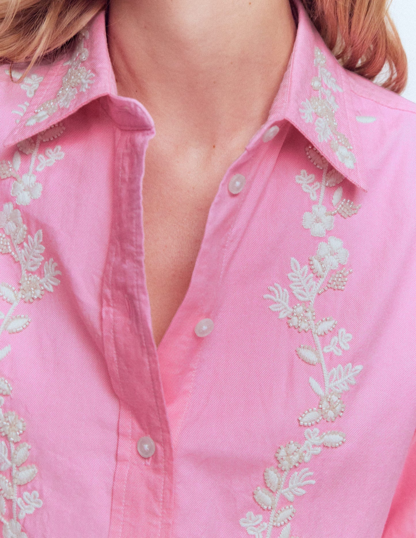 Sadie Lockeres Baumwollhemd-Blumenmuster Perlen Oxfordrosa