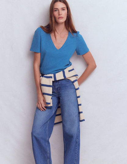 Flammgarn-T-Shirt mit V-Ausschnitt-Vallarta Blue-1