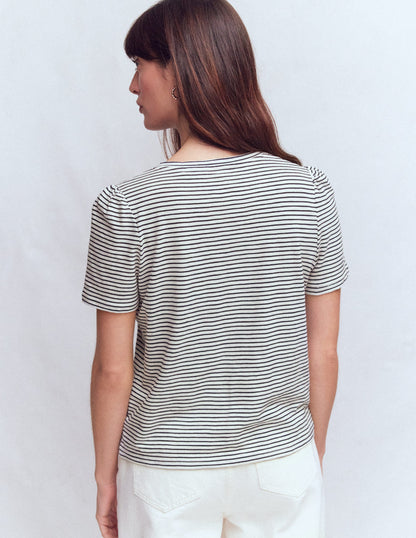 T-shirt flammé à col V-Ivoire, rayé bleu marine-3