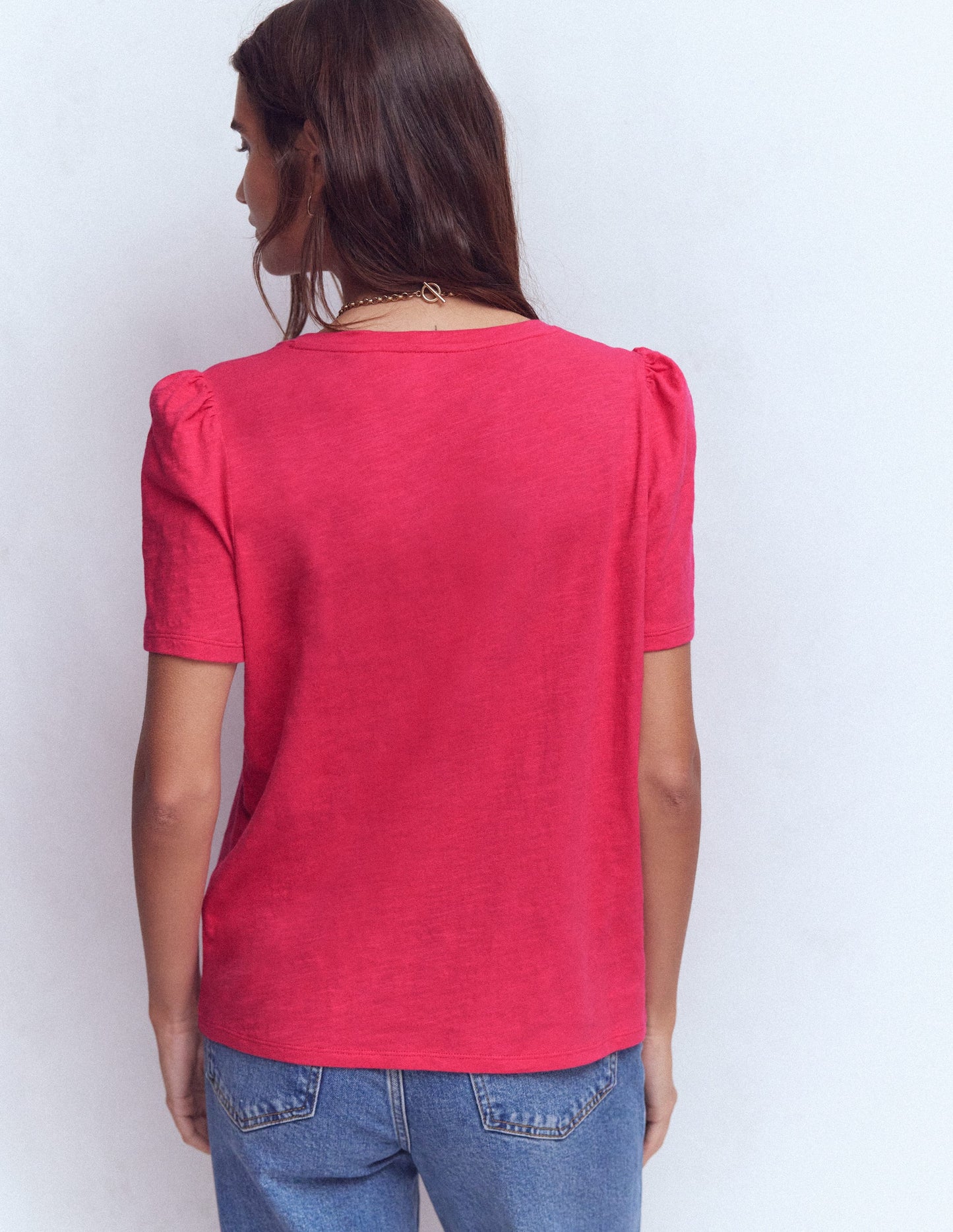 Flammgarn-T-Shirt mit V-Ausschnitt-Dunkelrosa