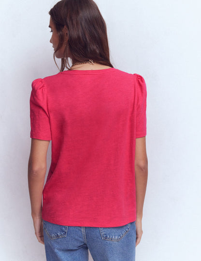 Flammgarn-T-Shirt mit V-Ausschnitt-Dunkelrosa-3