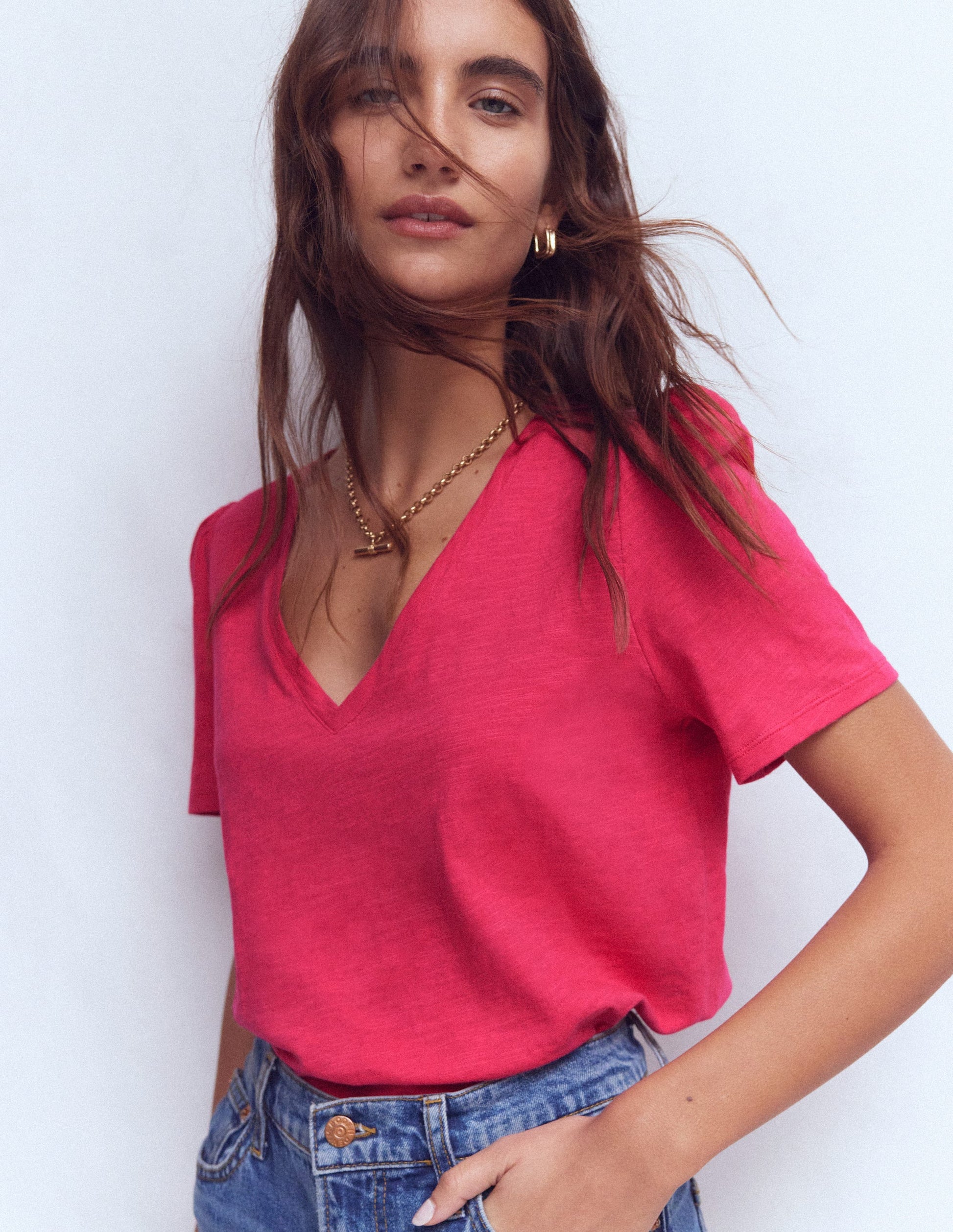 Flammgarn-T-Shirt mit V-Ausschnitt-Dunkelrosa-4