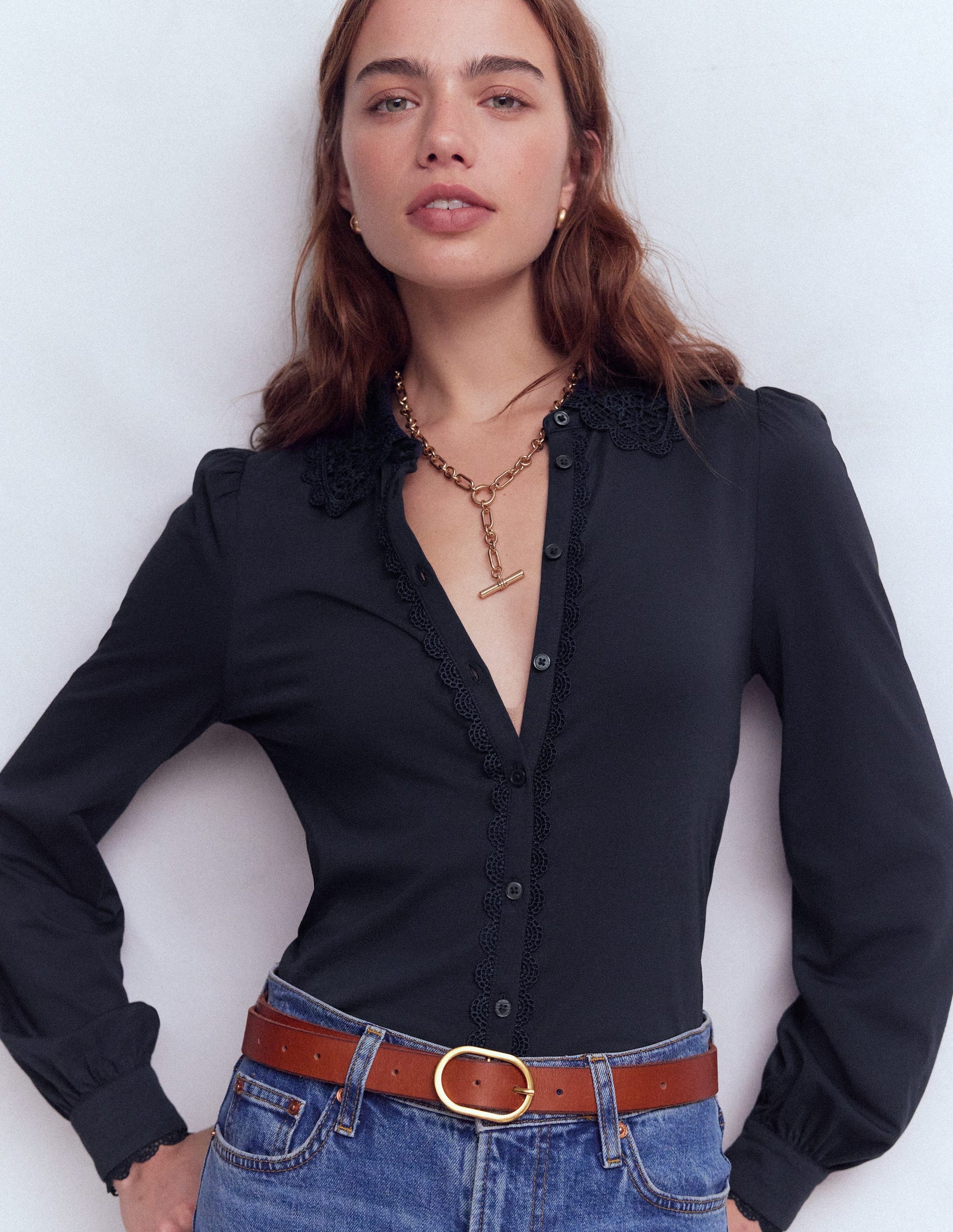 Bluse mit Spitzenkragen-Marineblau-1