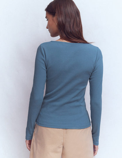 Top col tunisien côtelé-Bleu capitaine-3