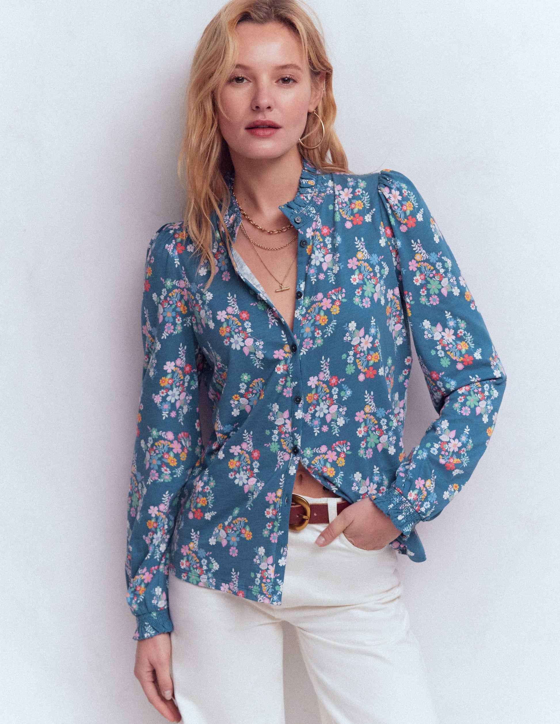 Effie Hemd mit gesmokten Details-Blau, Blüten-Cluster-4