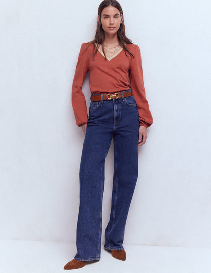 Oberteil mit Metallic-Besatz am V-Ausschnitt-Scheunenrot-1