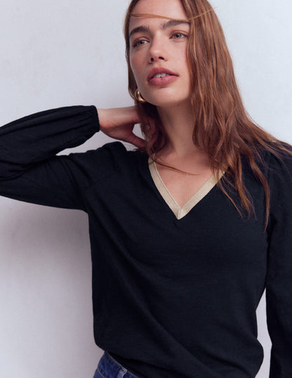 Oberteil mit Metallic-Besatz am V-Ausschnitt-Marineblau-1