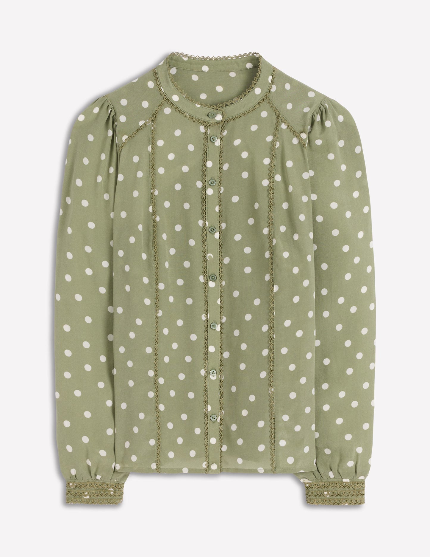 Rhea Seidenoberteil mit Besatz-Lärchengrün, Gemalte Tupfen