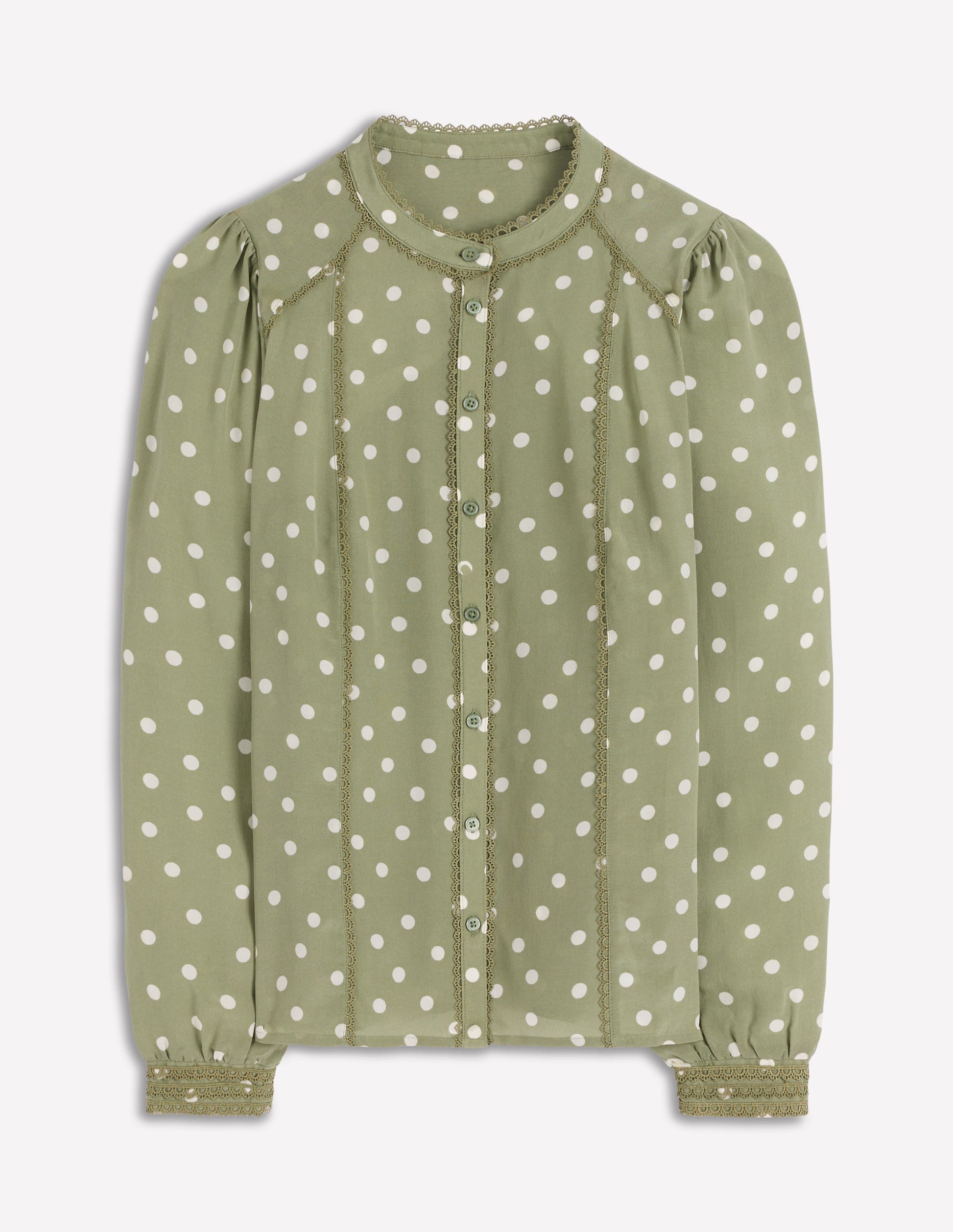 Rhea Seidenoberteil mit Besatz-Lärchengrün, Gemalte Tupfen-5