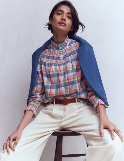 Esme Gesmoktes Oberteil mit Rüschen-Bunt Karomuster-3