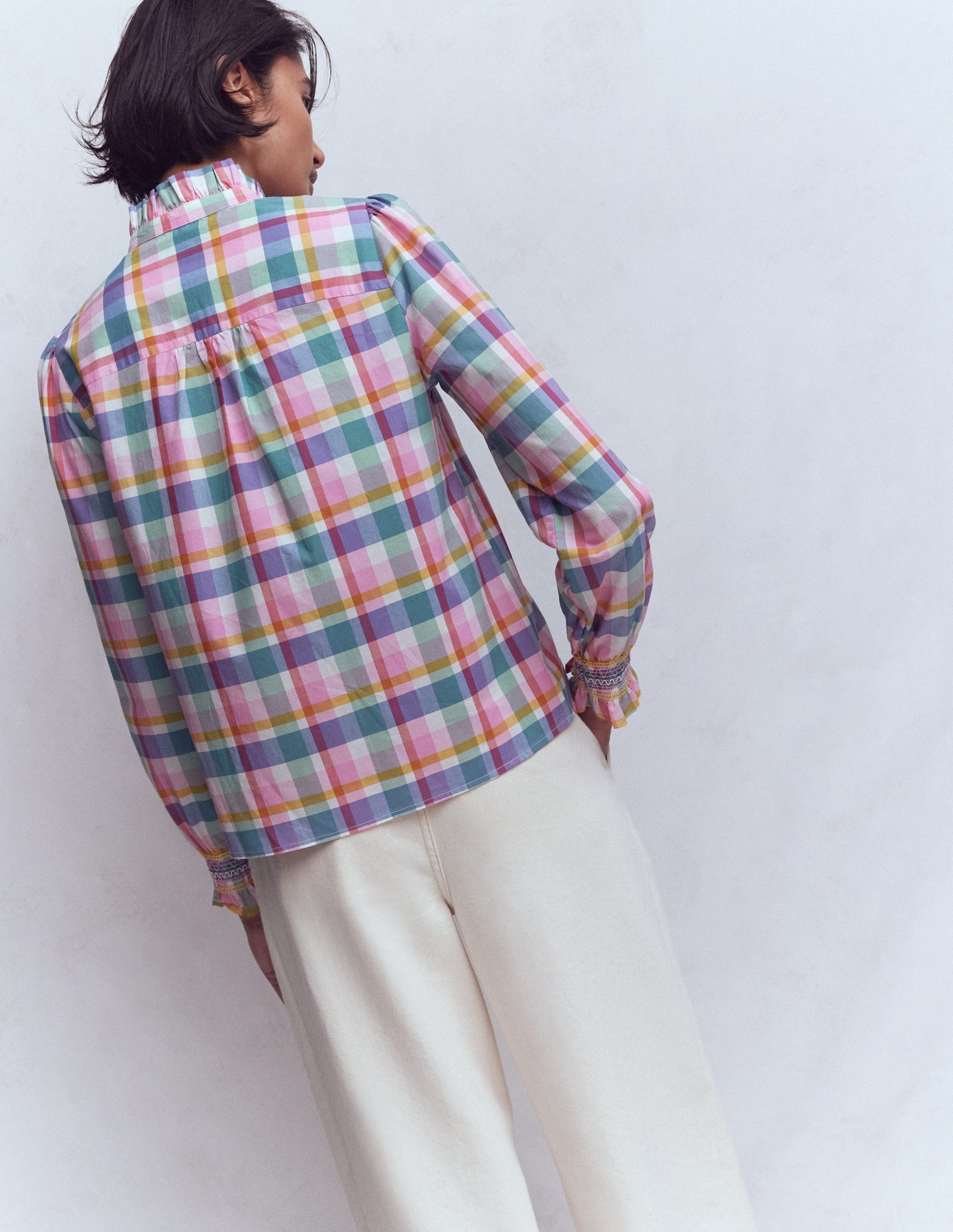 Esme Gesmoktes Oberteil mit Rüschen-Bunt Karomuster-4
