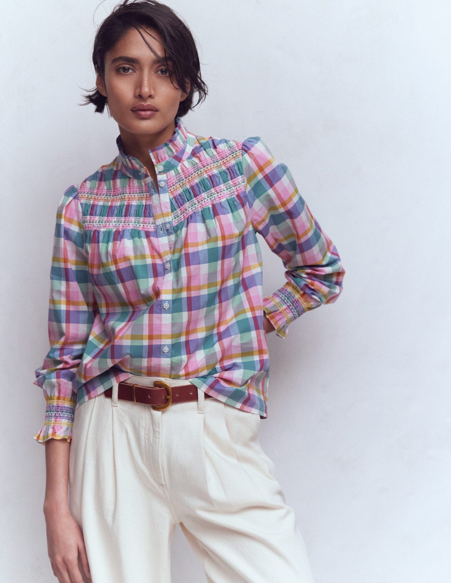 Esme Gesmoktes Oberteil mit Rüschen-Bunt Karomuster