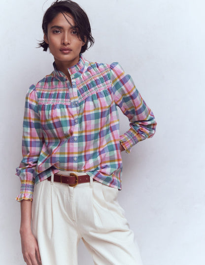 Esme Gesmoktes Oberteil mit Rüschen-Bunt Karomuster-6