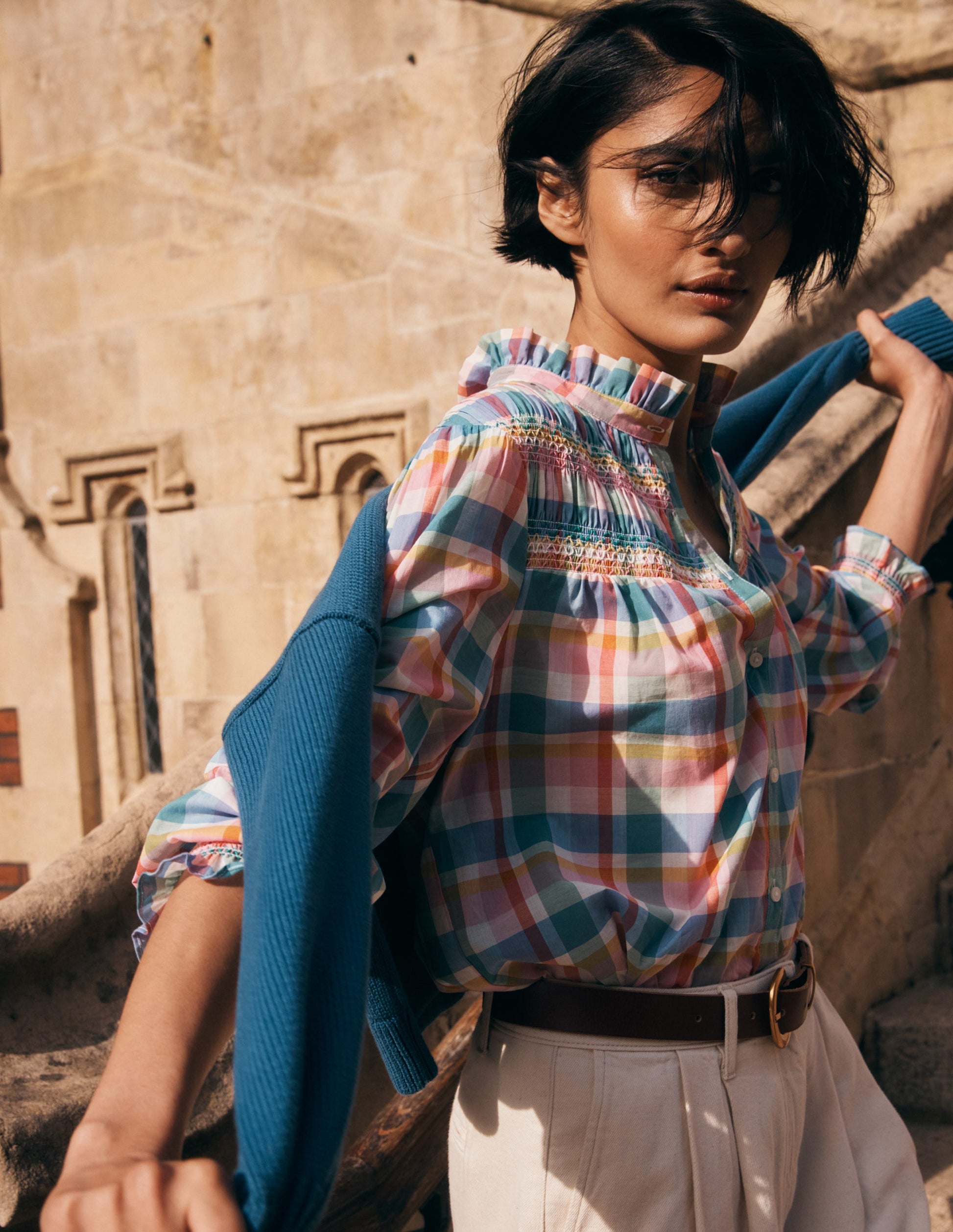 Esme Gesmoktes Oberteil mit Rüschen-Bunt Karomuster-1