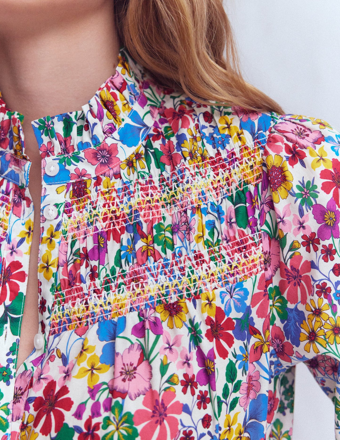 Top Esme à smocks et volants-Multi, motif Blossoming Garden