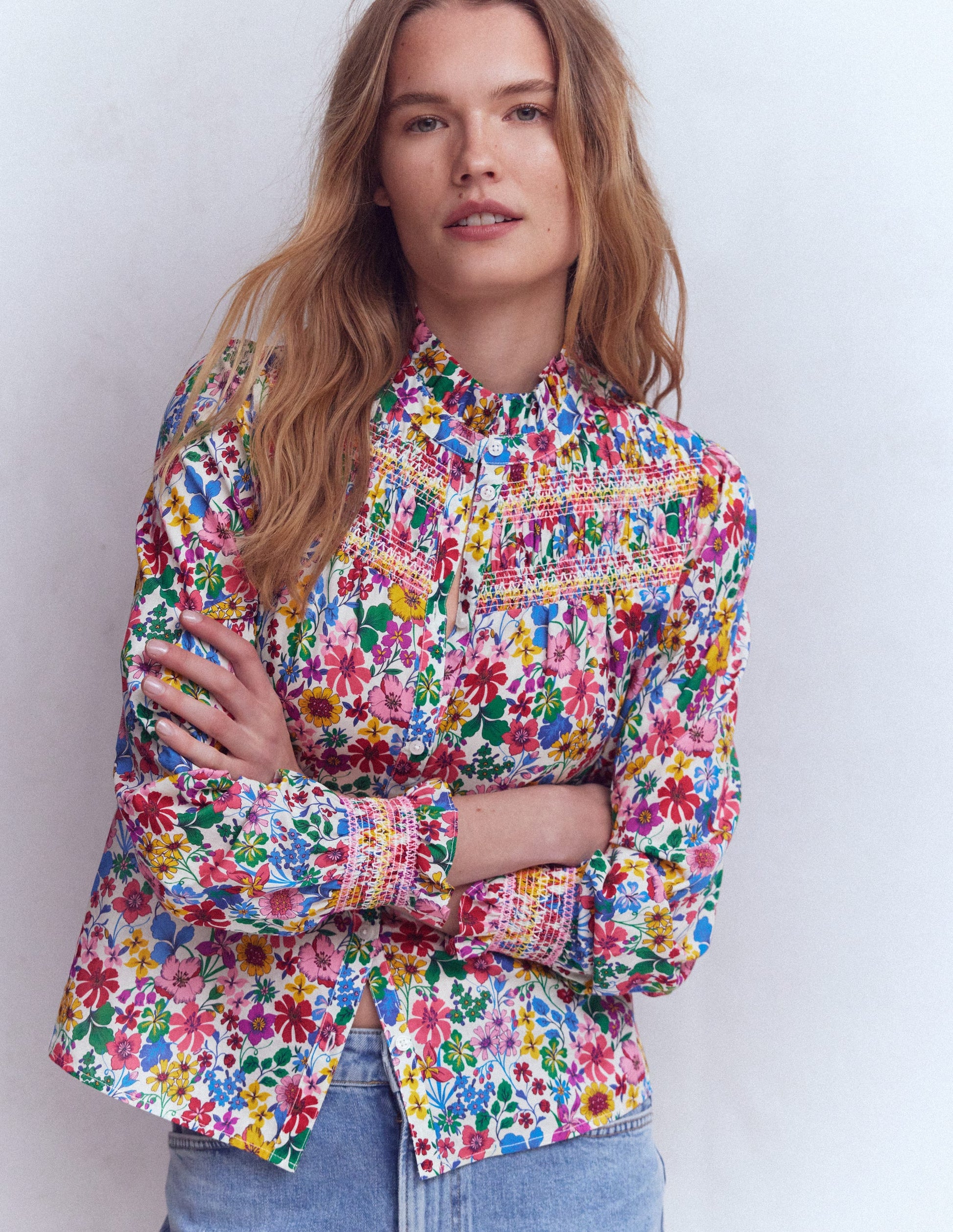 Top Esme à smocks et volants-Multi, motif Blossoming Garden-5