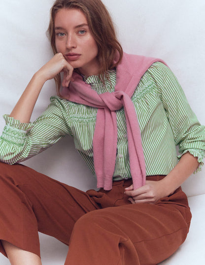 Top Esme à smocks et volants-Vert des Highlands, rayé ivoire-2