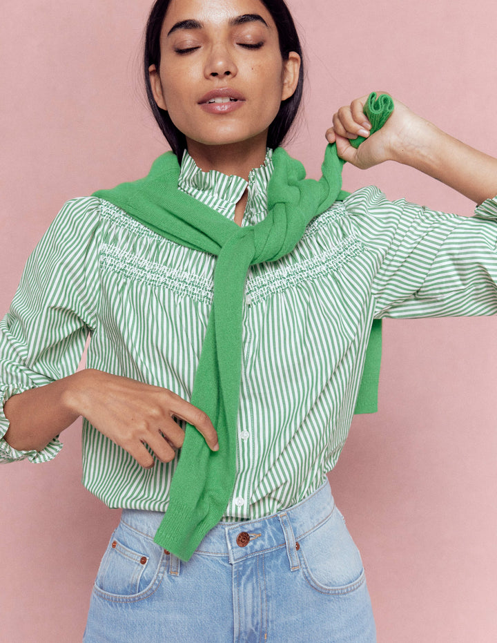 Top Esme à smocks et volants-Vert des Highlands, rayé ivoire