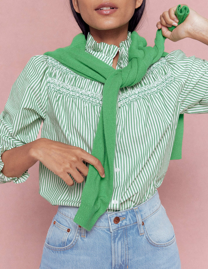 Esme Gesmoktes Oberteil mit Rüschen-Highland-Grün, Naturweiß Streifen