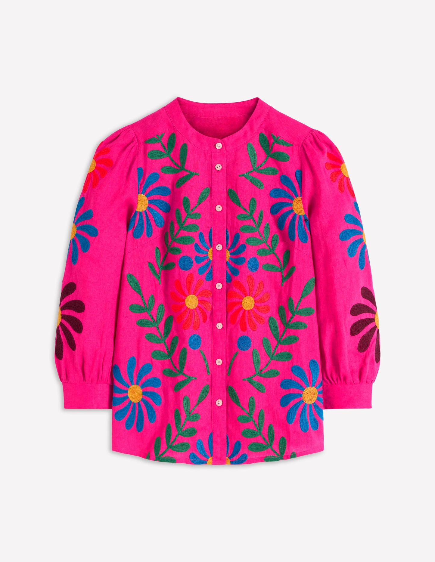 Alicia Linen Top-Pink Peony, Flower Embroidery