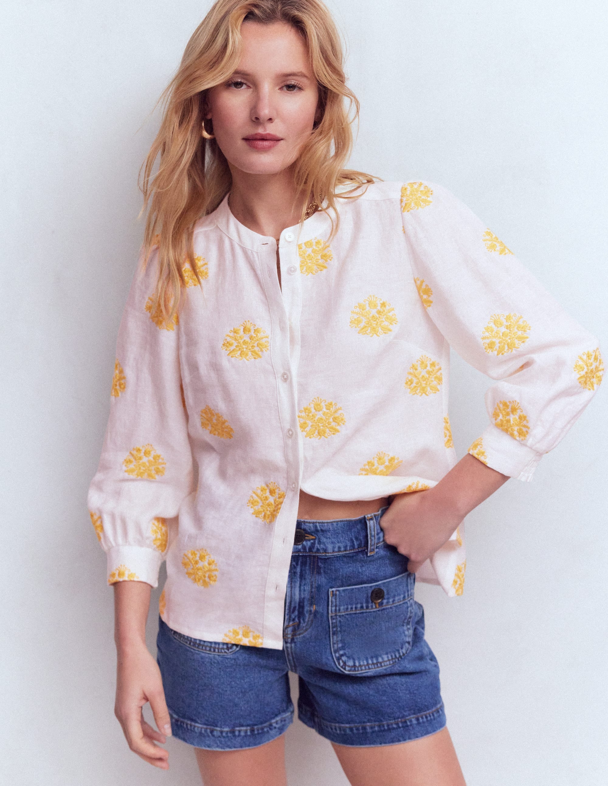 Top Alicia en lin-Blanc, broderie florale - Image 1
