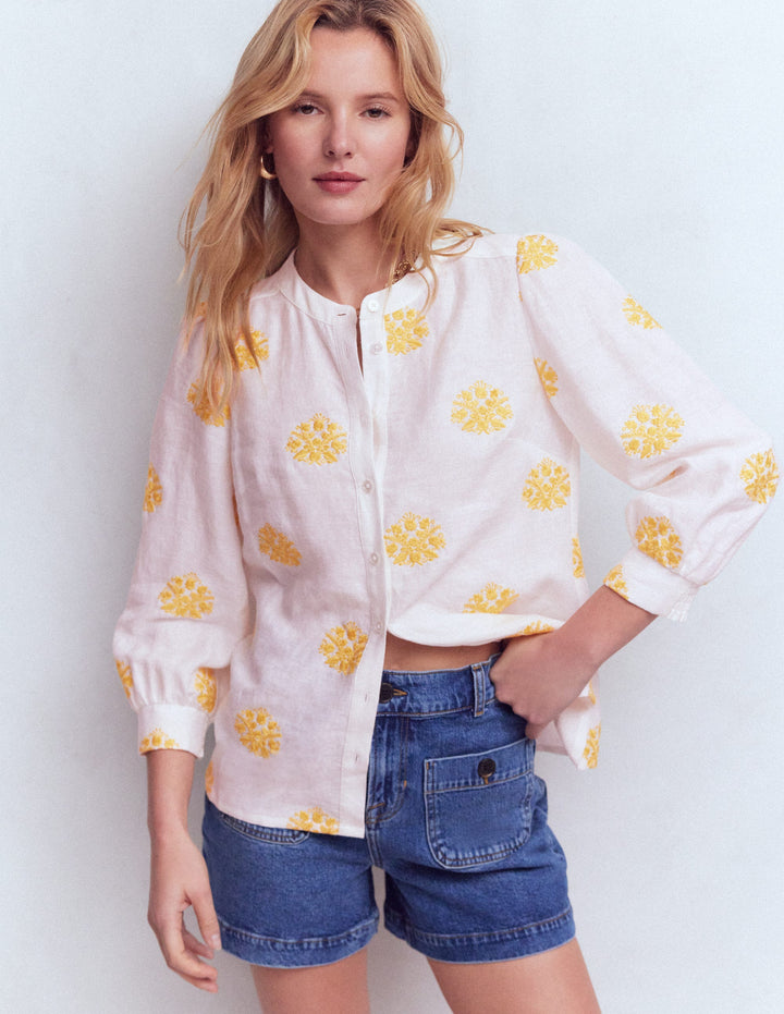 Top Alicia en lin-Blanc, broderie jaune