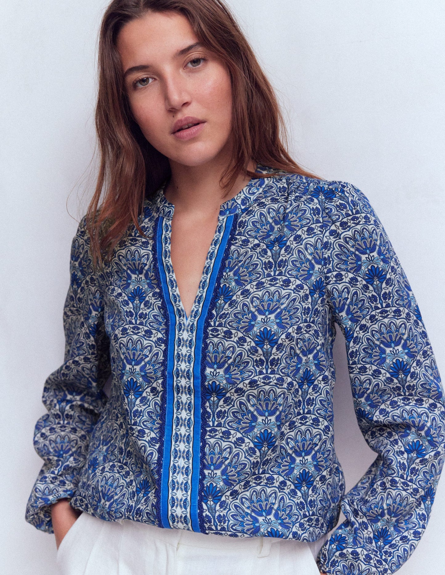 Notch Neck Linen Trim Top-Blue, Elaborate Terrace