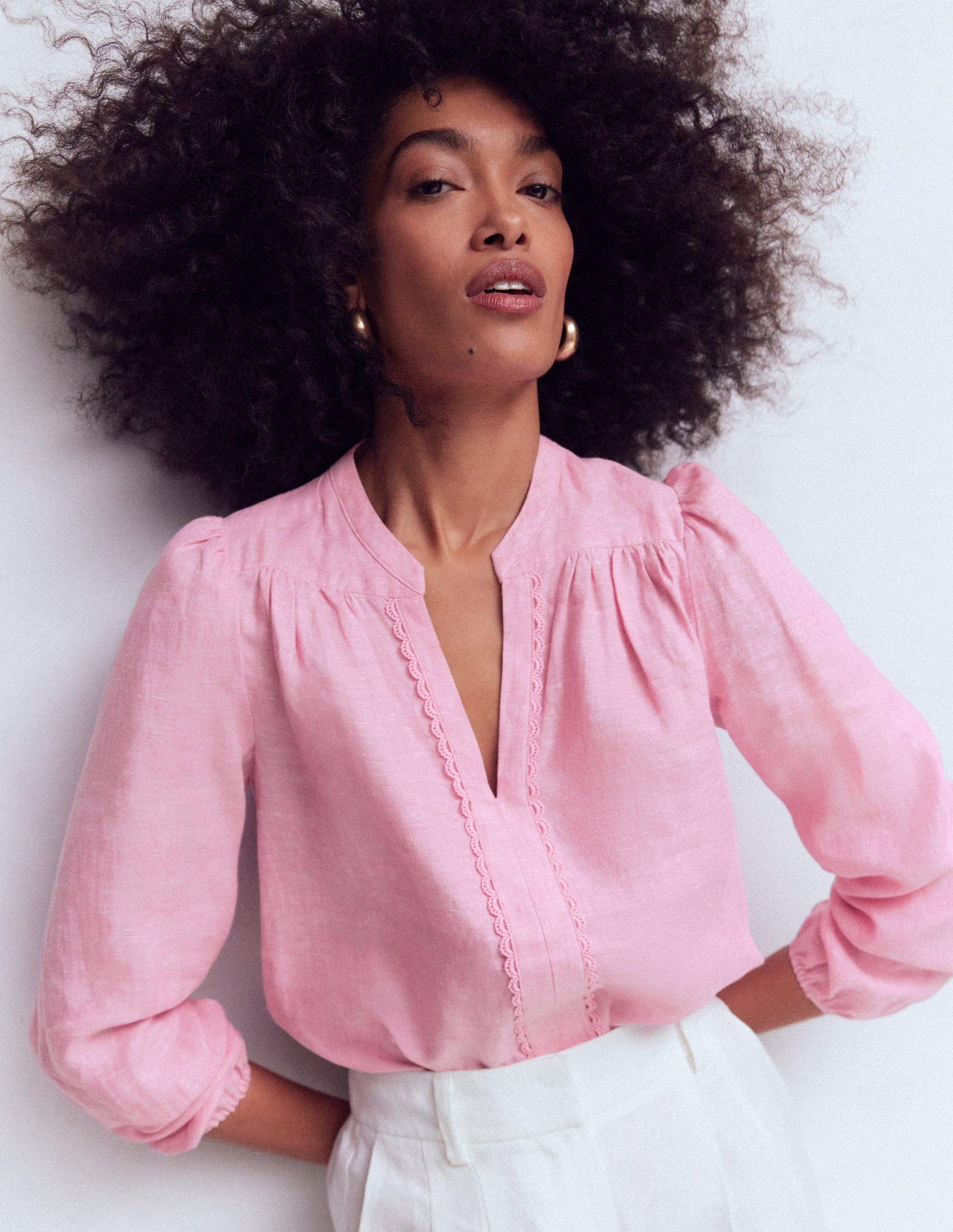 Notch Neck Linen Trim Top-Meadowsweet Chambray-1