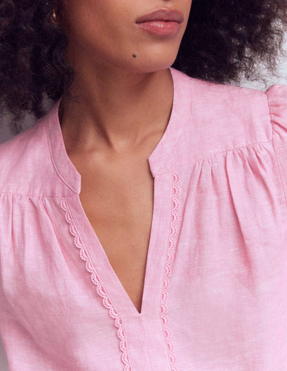 Notch Neck Linen Trim Top-Meadowsweet Chambray-2