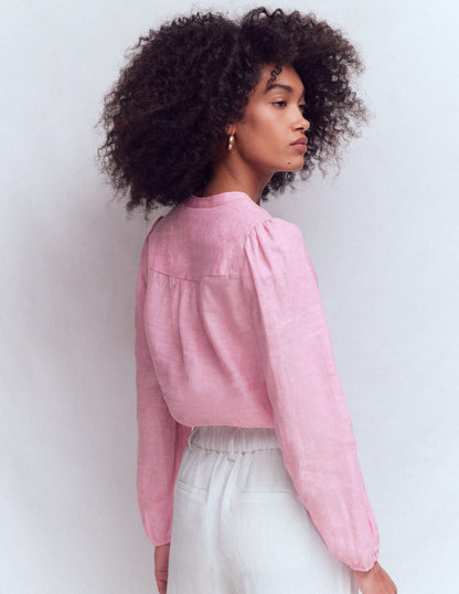 Notch Neck Linen Trim Top-Meadowsweet Chambray-3